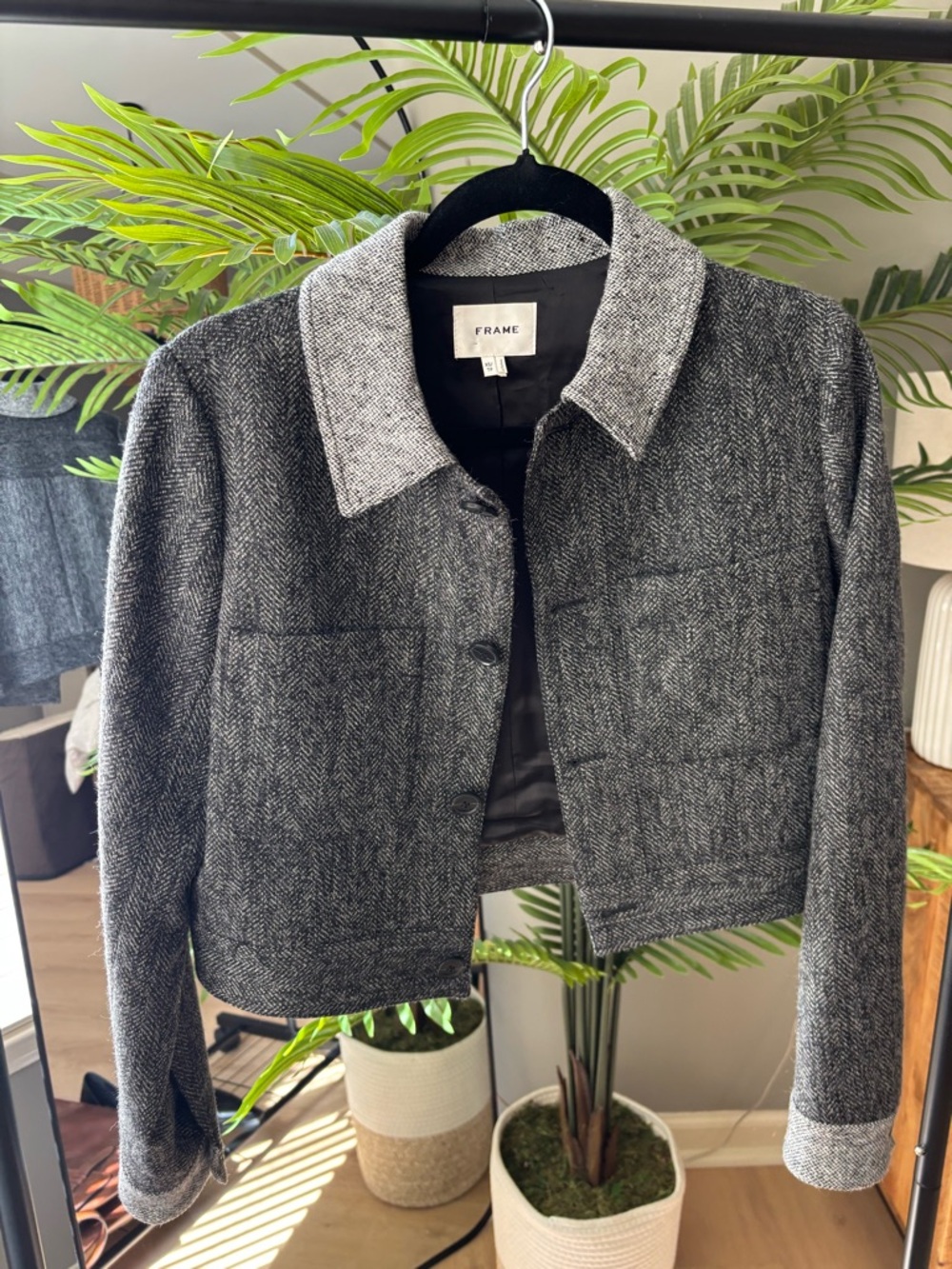 Frame Black and Gray Herringbone Cropped Wool Jacket - Picture 4 of 7